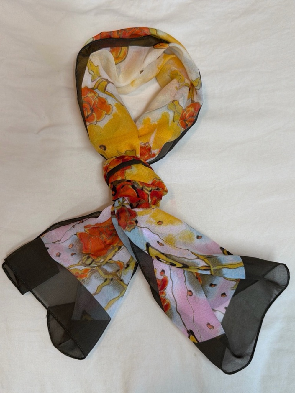 Floral Sheer Chiffon Scarf in Yellow, Pink & Black
